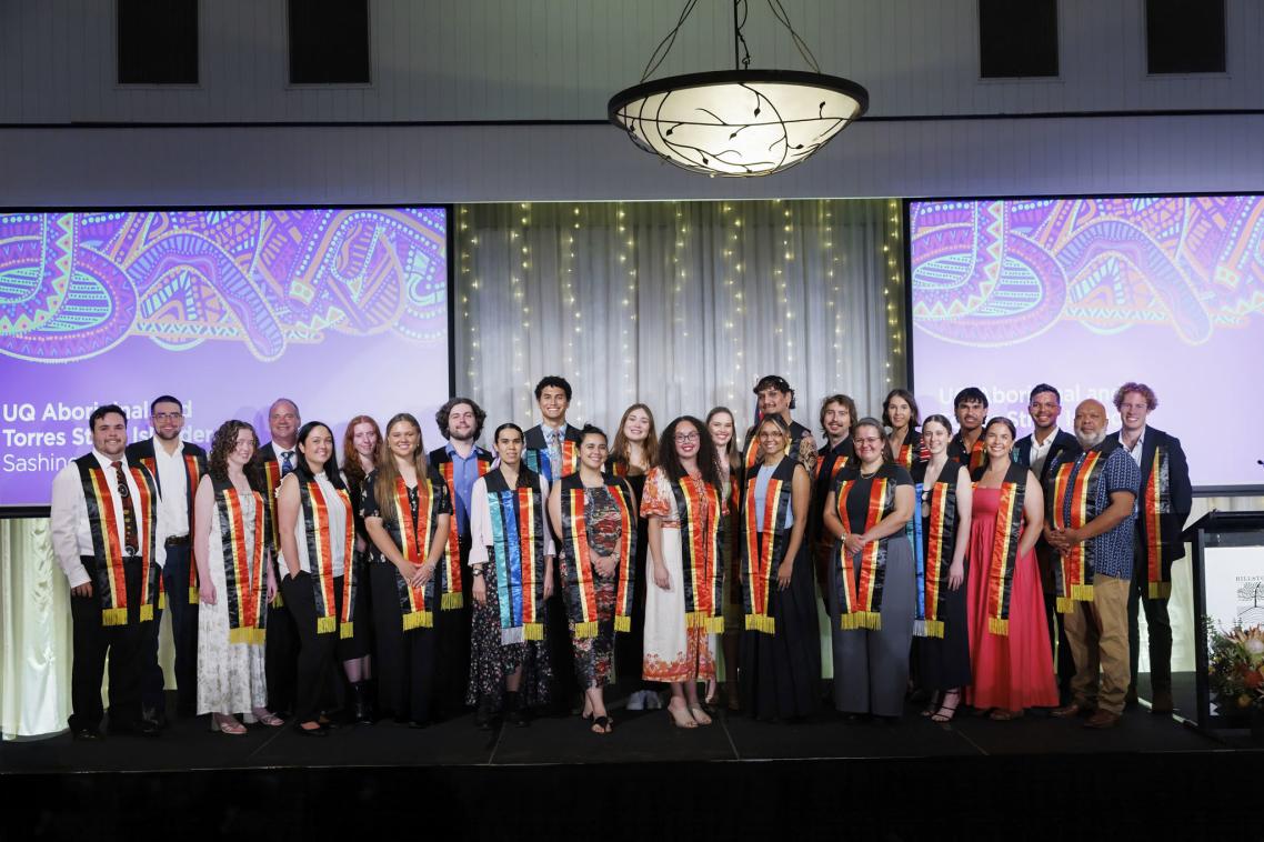 2024 UQ Indigenous graduates with Aboriginal and Torres Strait Islander Sashes 